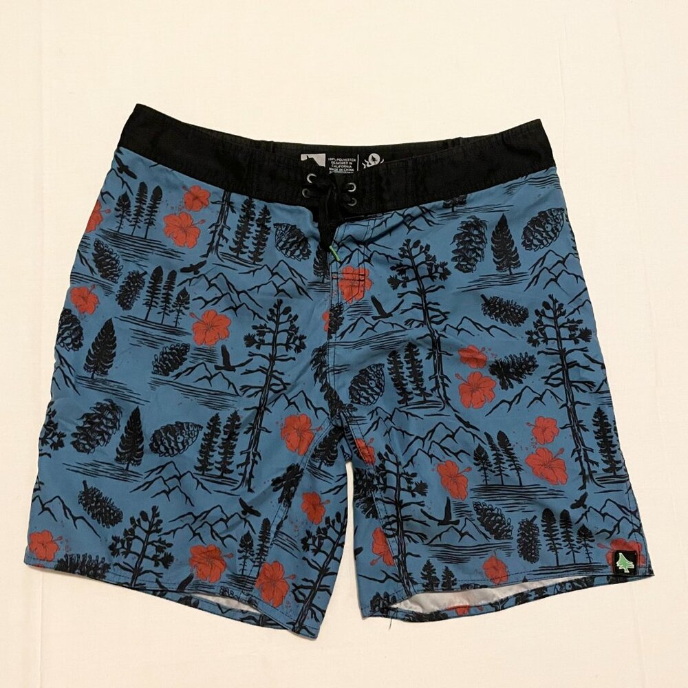 Blue and Black Swim Trunks with Red Floral Pattern